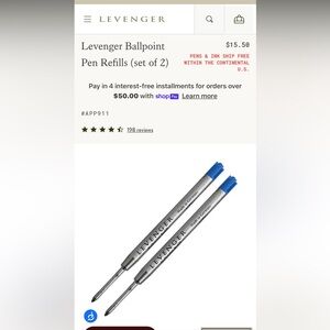 Levenger Ballpoint Pen Refills , Medium Point, Blue- 12 count - $93 value